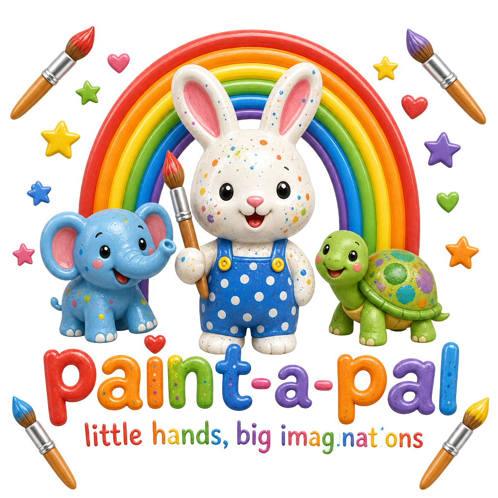 Paint-a-Pal — ceramic party favors with a painted bunny, rainbow and tagline 'little hands, big imaginations'