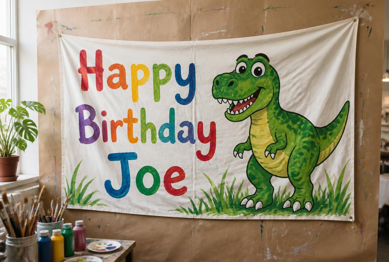 Hand painted on brown builders papers party banner with a friendly cartoon dinosaur